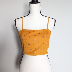American Eagle mustard yellow and pink floral corduroy cropped tank top size M